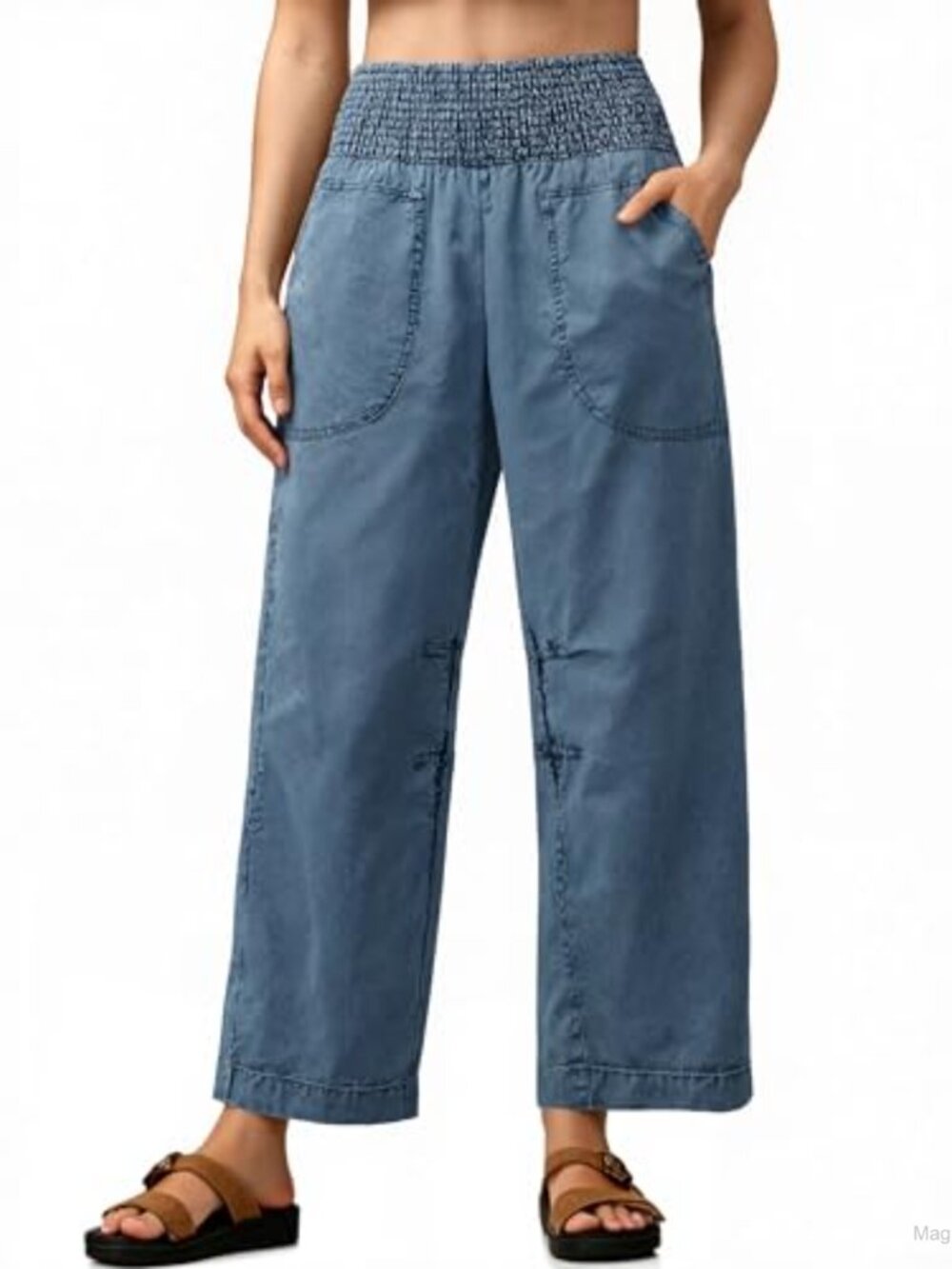 High Waist Baggy Smocked Pull On Barrel Leg Jeans